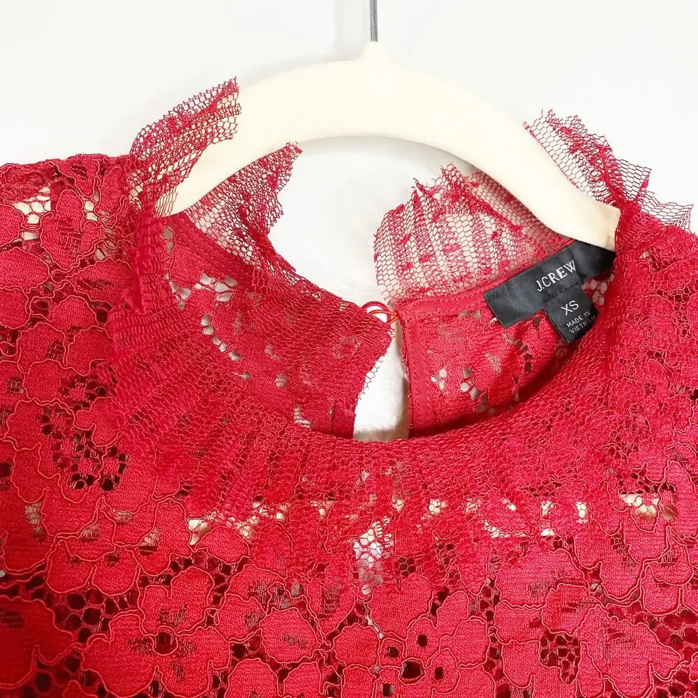 J crew Red Lace Party Top with Tulle Ruffle XS